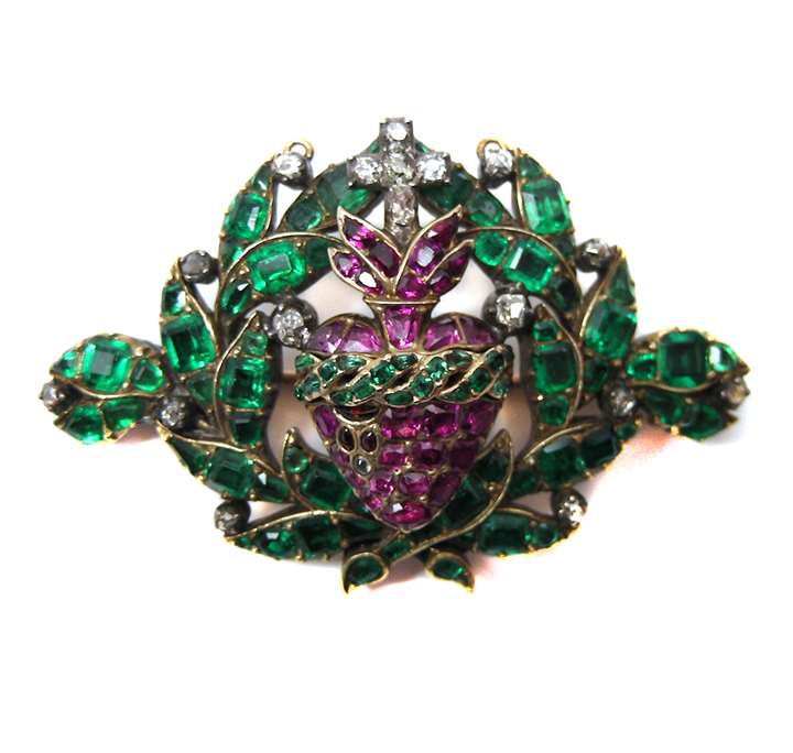 Antique ruby, emerald and diamond openwork bleeding heart brooch